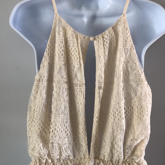 NEW LUSH Halter Lace Overlay Fit & Flare Skater Cream Vanilla Beige Mini L Dress - Picture 8 of 12